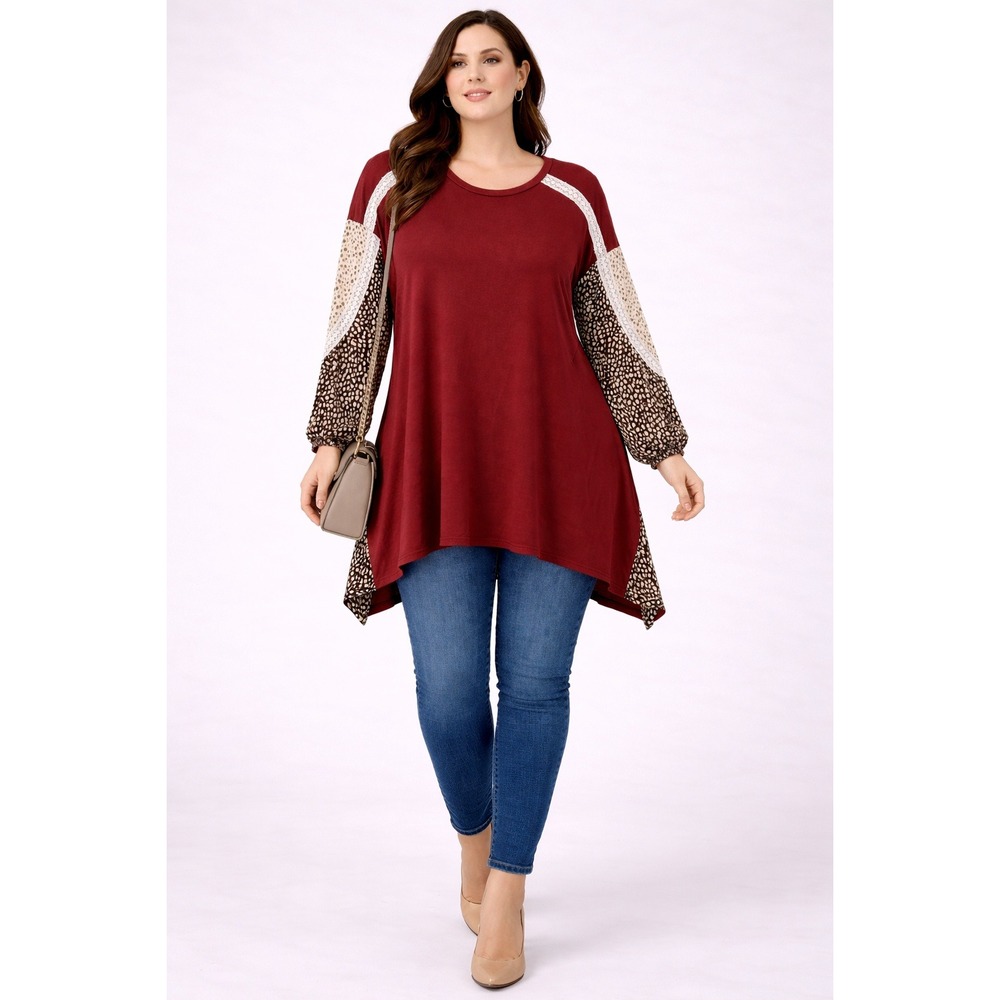 Grace & Emma Burgundy Boho Tunic 2XL | Mixed Print Lace Sleeve Top